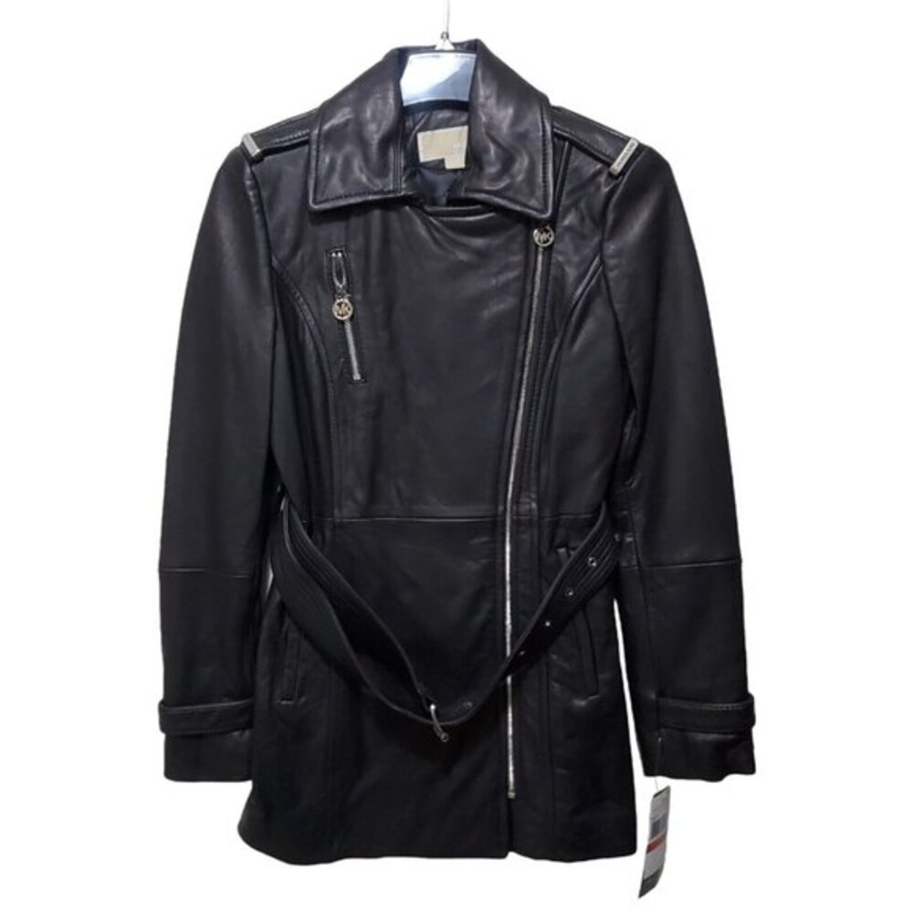 NWT Michael Kors Leather Jacket Moto Black Belt Long Asymmetrical Zip Sz XS READ